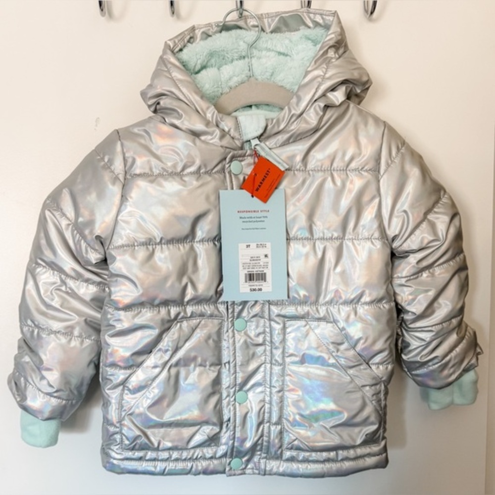 NWT Cat & Jack Silver Metallic Heavyweight Puffer Jacket Coat Fleece Lined